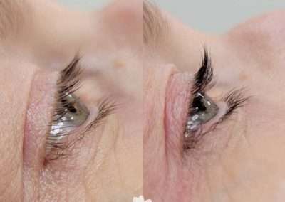 profile view of a before and after comparison of a lash lift and tint service