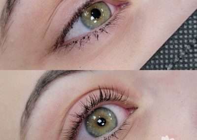 before and after comparison of a lash lift and tint