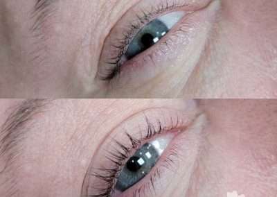 before and after comparison of a lash lift and tint