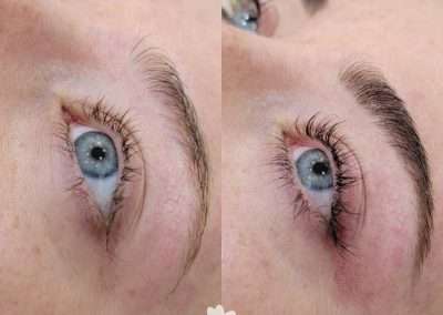 before and after comparison of a lash lift and tint and henna brow (Henna Eyebrows Winnipeg)