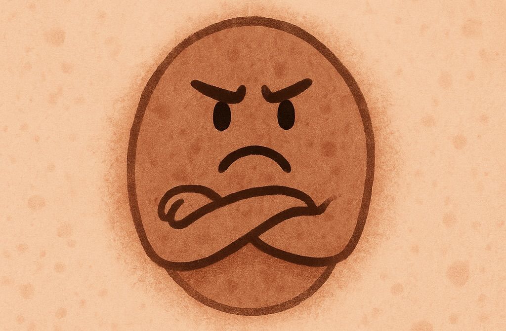 A cartoon image of Spotty, an anthropomorphic acne scar, with his arms crossed and a frustrated expression on his face—representing stubborn pigmentation before starting a hyperpigmentation treatment in Winnipeg.