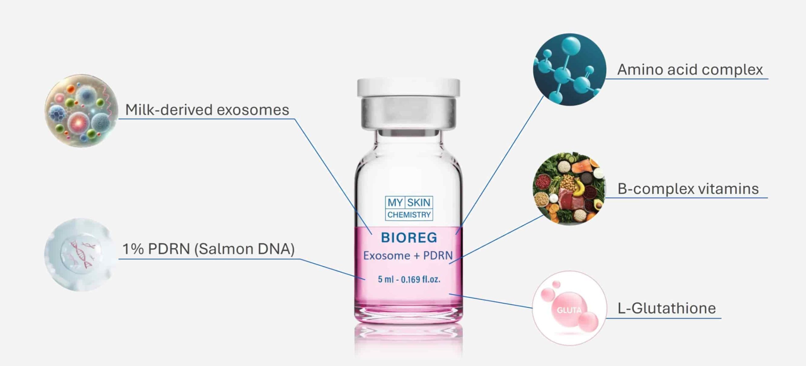 exosome and pdrn breakdown vial Infographic of the BIOREG Exosome + PDRN skincare formula by My Skin Chemistry. The image highlights its key ingredients: milk-derived exosomes, 1% PDRN (salmon DNA), amino acid complex, B-complex vitamins, and L-glutathione. Each component is visually represented with icons and labeled accordingly.