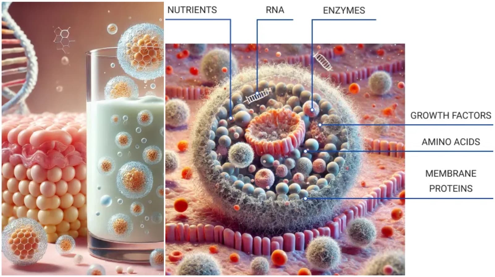 Detailed infographic showing a visual breakdown of milk-derived exosomes. On the left, exosomes are illustrated being suspended in a glass of milk and interacting with skin layers. On the right, a magnified cross-section of an exosome highlights its internal components, including nutrients, RNA, enzymes, growth factors, amino acids, membrane, and membrane proteins—demonstrating how exosomes deliver active ingredients into the skin at a cellular level.