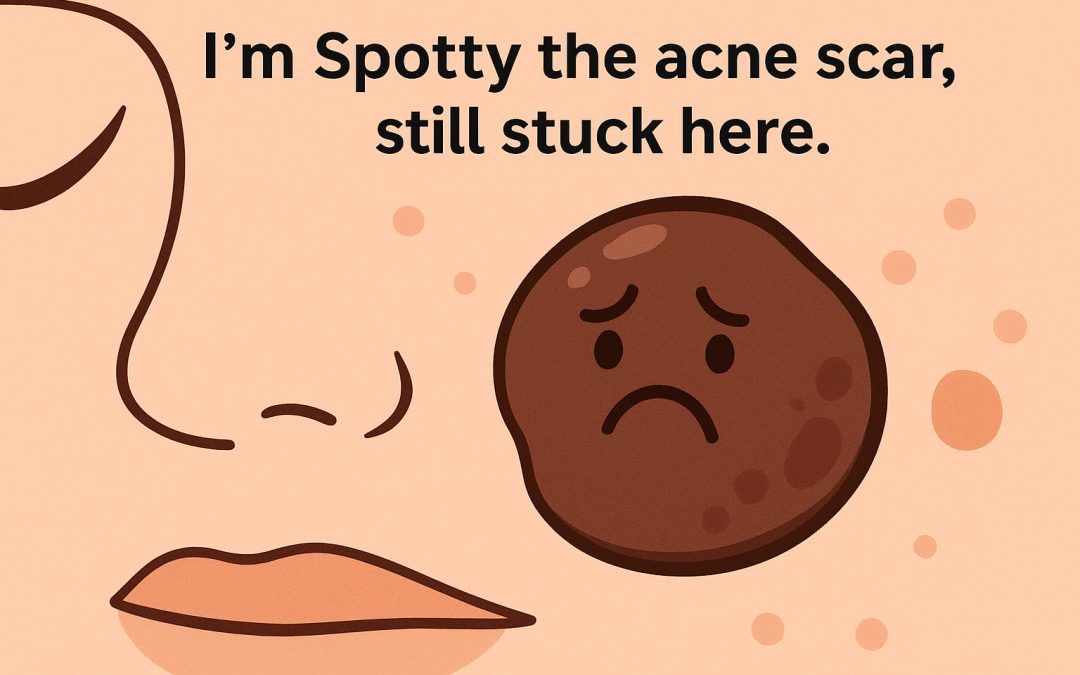 A cartoon-style digital image showing Spotty, an anthropomorphic pigmented acne scar, clinging to a cheek. He looks stubborn and determined to stay, representing the start of a hyperpigmentation treatment Winnipeg journey.