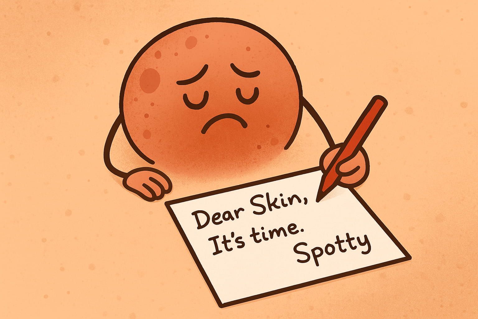 A cartoon-style digital illustration features Spotty, an anthropomorphic acne scar, sitting at a small desk writing a breakup note. He looks sad and contemplative. The scene humorously represents the emotional “goodbye” as part of a hyperpigmentation treatment in Winnipeg.