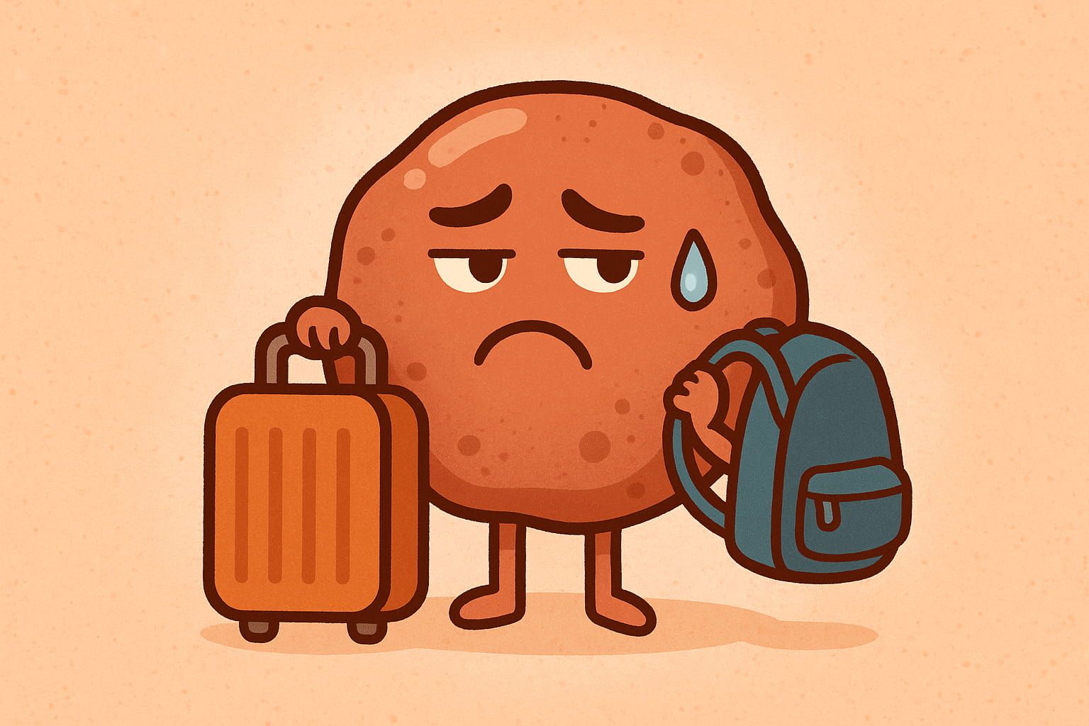 A cartoon-style digital illustration of Spotty, an anthropomorphic acne mark, packing a suitcase with a sad expression. This image represents the fading process of hyperpigmentation during a hyperpigmentation treatment in Winnipeg.