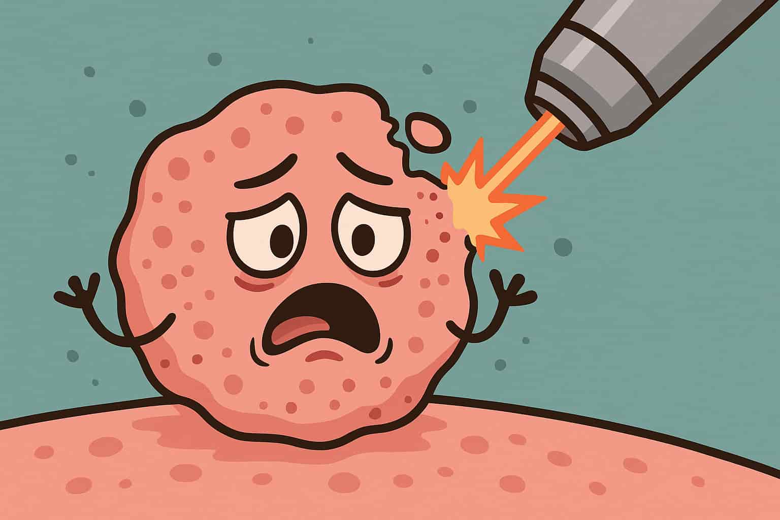 An animated cartoon showing a PicoSure laser beam targeting Spotty, who looks startled as he starts to break apart. A fun visual symbol of hyperpigmentation treatment Winnipeg using laser technology.