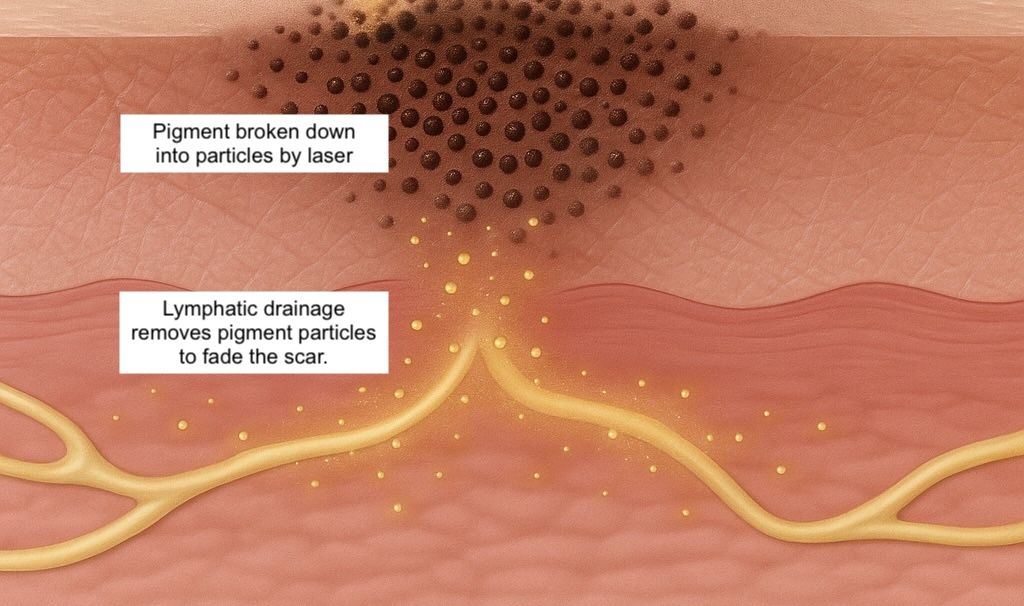 Illustration showing a pigmented acne scar in the skin being broken into small particles. The particles are shown diffusing downward into the dermis, where they are carried away by lymphatic vessels. For info: Can you treat acne and acne scars at the same time?