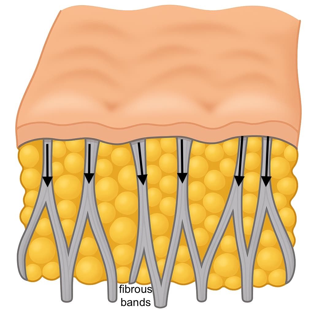 Cross-sectional illustration of skin affected by cellulite. The top pink layer represents skin, the yellow spheres underneath represent fat cells, and the grey vertical structures labeled “fibrous bands” extend through the fat, pulling the skin downward and creating surface dimpling. Black arrows indicate the downward pull of the fibrous bands.